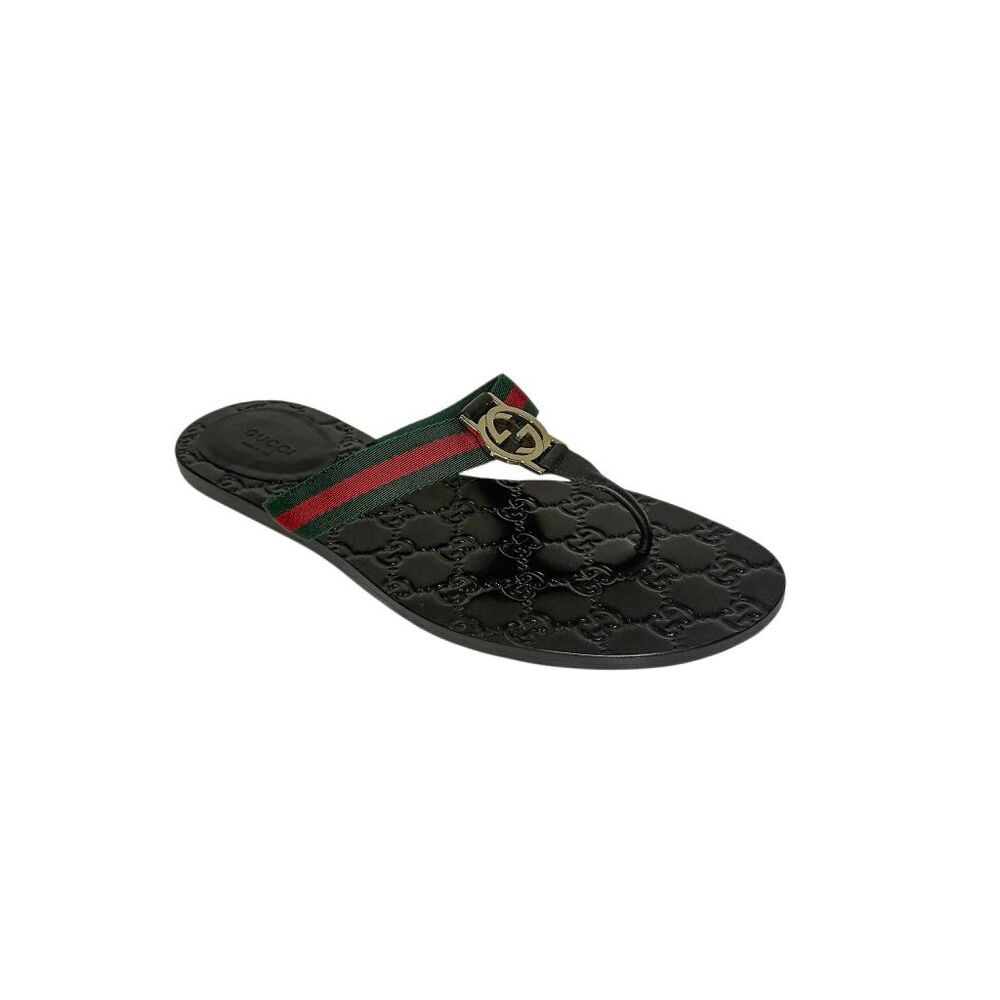 Gucci GG Web Stripe Thong Sandals EU 39 US 9 Black Flip Flop Monogram Flats